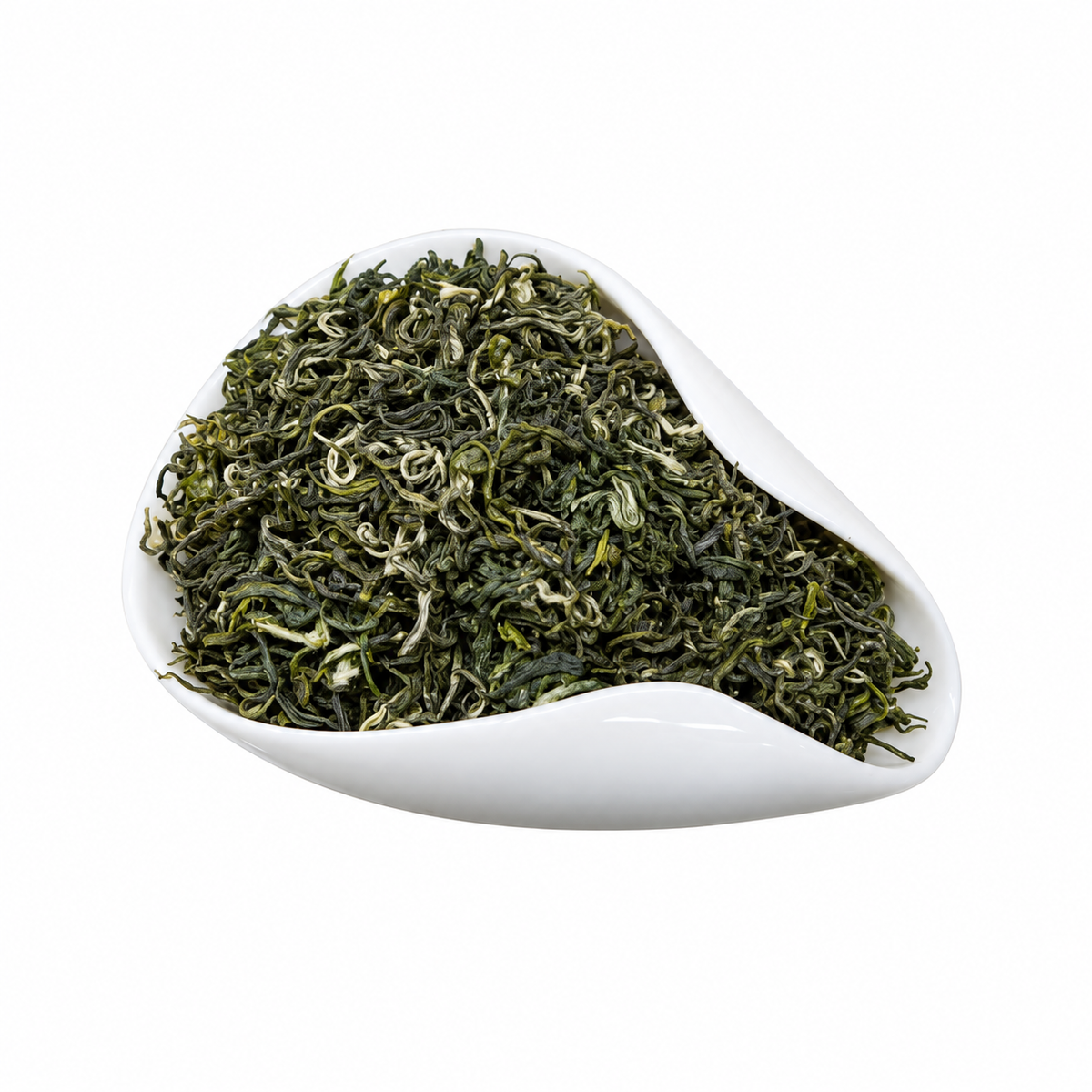 Curled Biluochun dry leaves in a white dish
