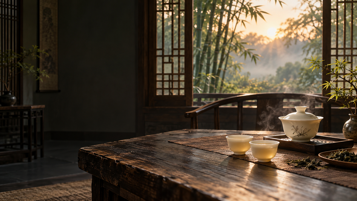 AI-created tea culture illustration of porcelain teaware on a wooden table beside a sunlit lattice window.