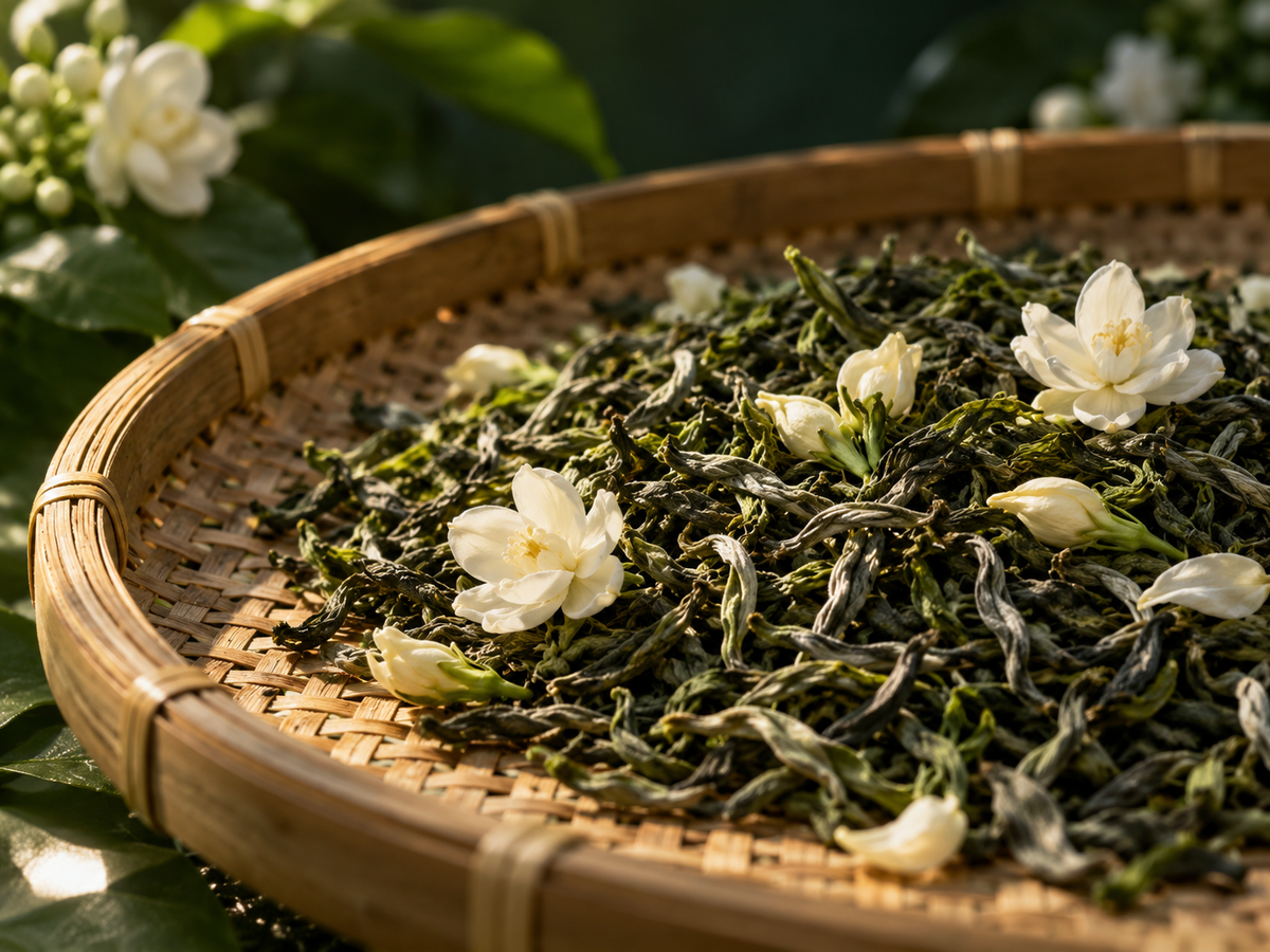 AI-created tea culture illustration of white jasmine flowers and loose tea leaves on a woven bamboo tray.
