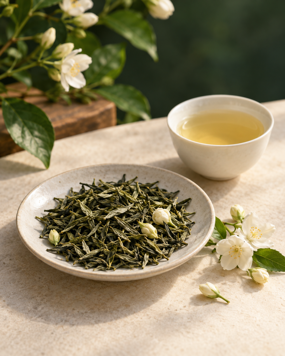 AI-created tea culture illustration of loose leaves, white jasmine flowers and a cup of pale golden tea.