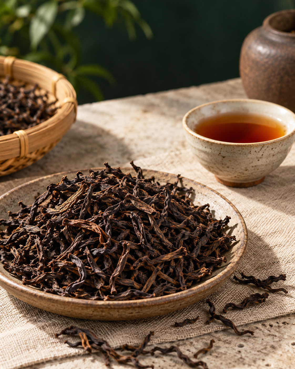 AI-created liu bao tea illustration with dark loose leaves, a bamboo basket and amber tea.