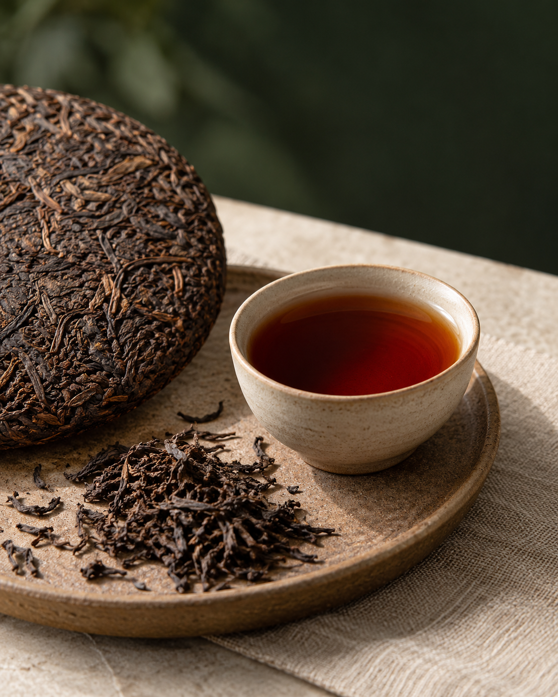AI-created pu-erh tea illustration with an unbranded tea cake, dry leaves and amber tea.
