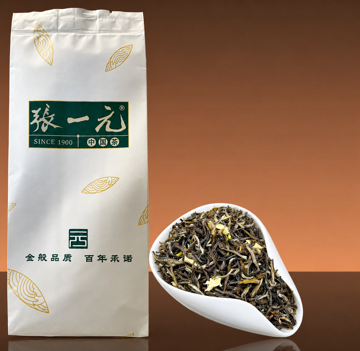 Zhang Yiyuan Moli Xuehao jasmine tea packaging beside loose tea leaves