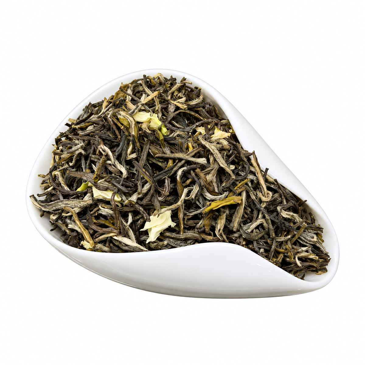 Loose leaves of Zhang Yiyuan Moli Xuehao jasmine tea in a white dish