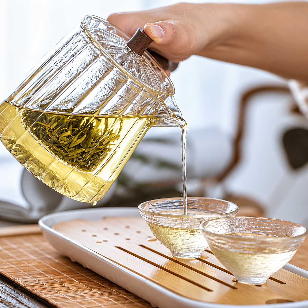 Jasmine tea being poured from a glass teapot into glass cups